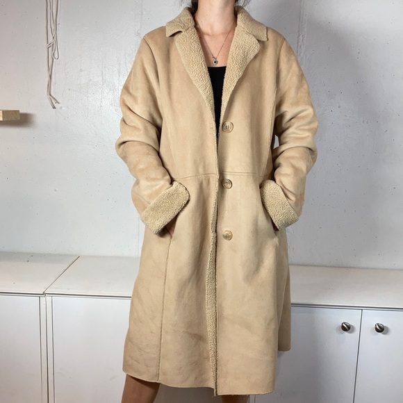 Old Navy Neutral Tan Penny Lane Faux Fur Lined Duster Full Length Coat - Picture 9 of 15